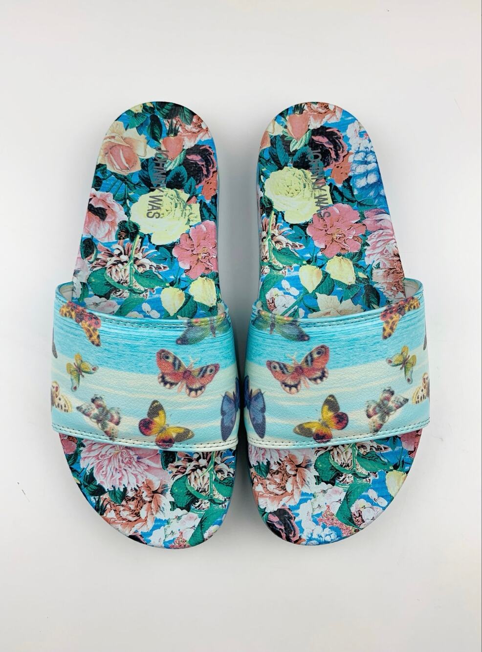 Johnny Was Costa Azul Slides Sandals Blue Floral Butterfly Print Women's 9